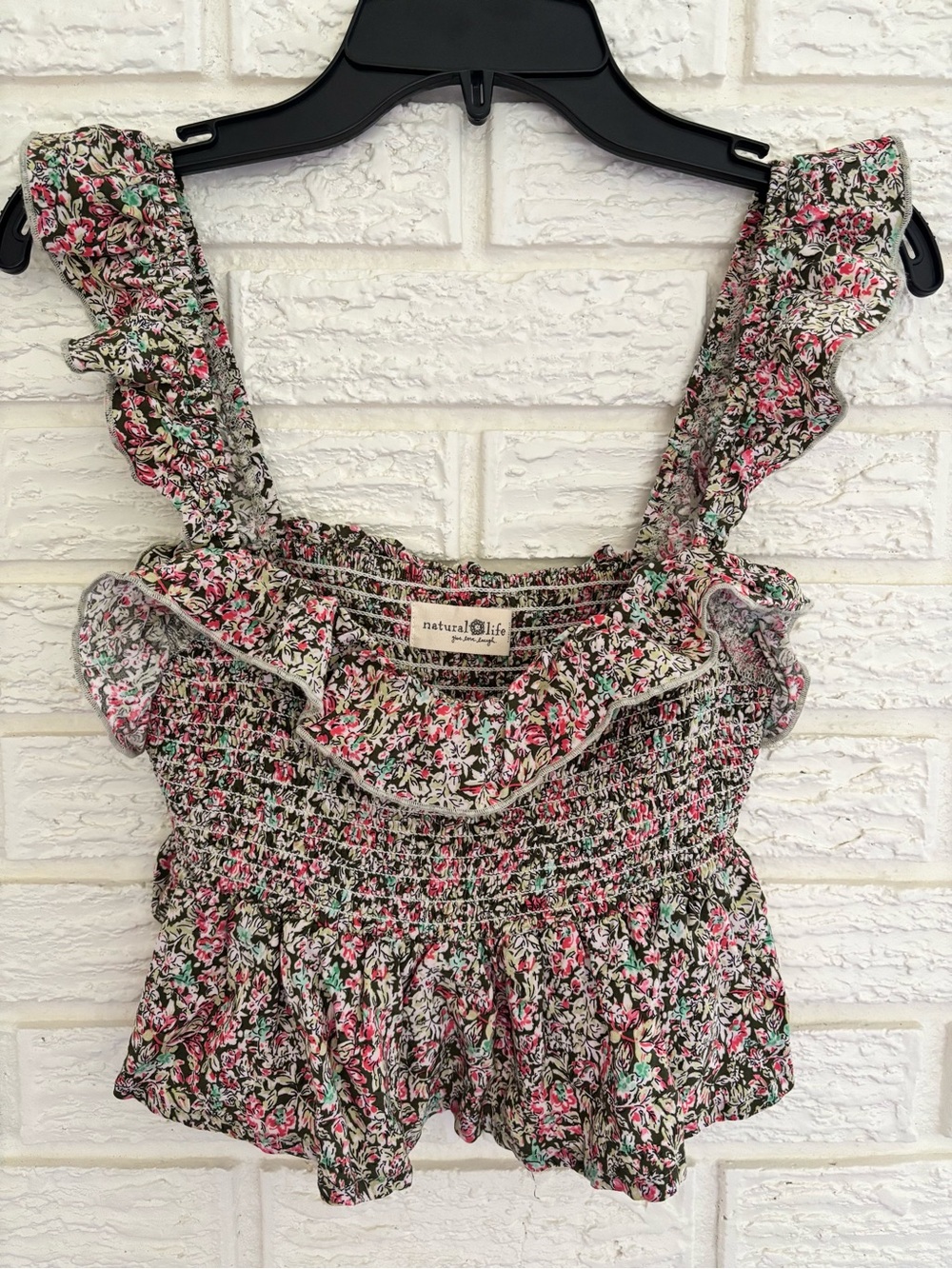 EUC!! Natural Life Floral Smocked Ruffle Crop Top Pink Green Boho Cottage